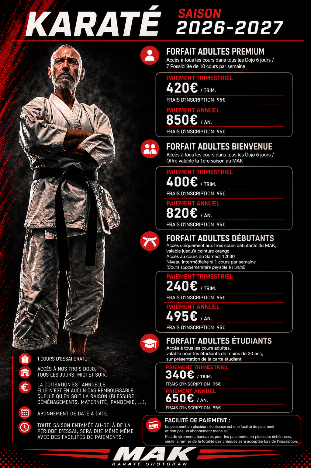 Affiche tarifs adultes karaté MAK 2026-2027