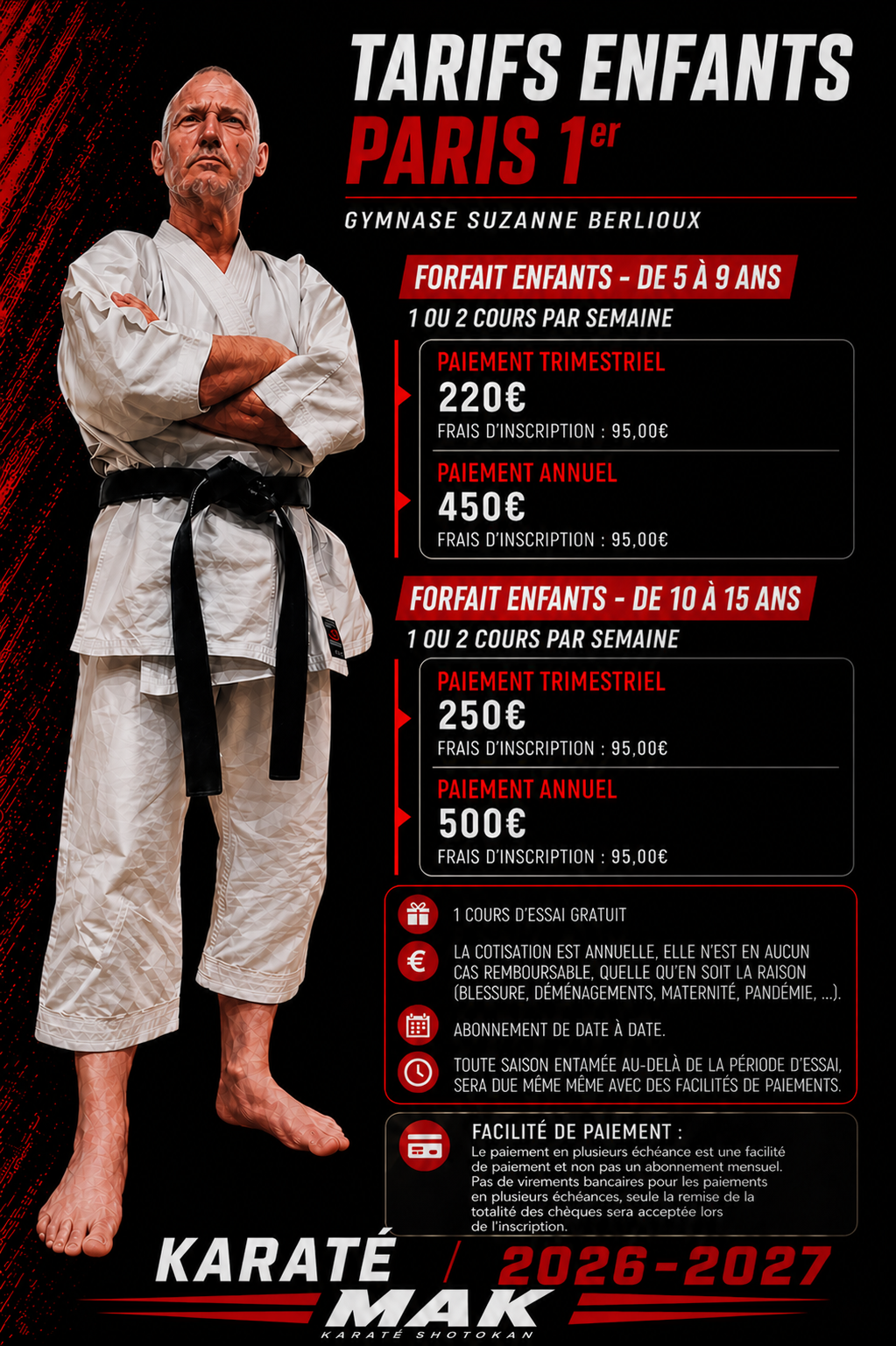 Affiche tarifs enfants karaté Paris 1er MAK 2026-2027