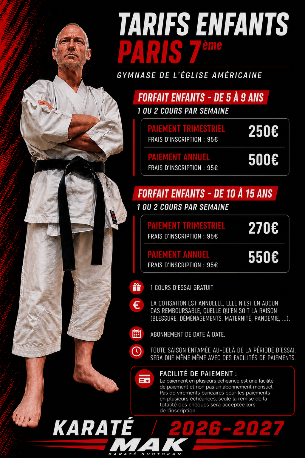 Affiche tarifs enfants karaté Paris 7e MAK 2026-2027
